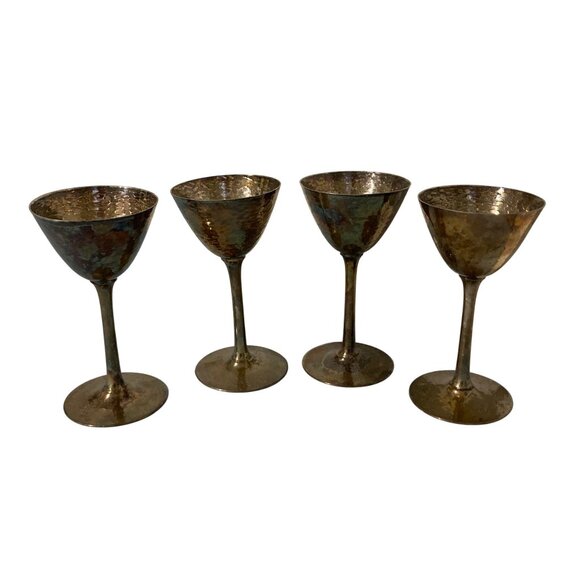 Wilcox Silver Plate Dimpled Hammered Metal Look Goblets Set Of 4 - Picture 1 of 7